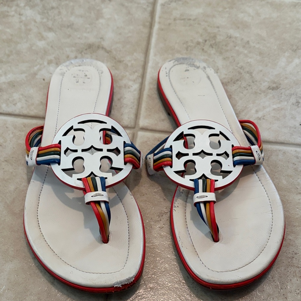 Tory Burch White Leather Sandals with Rainbow Straps